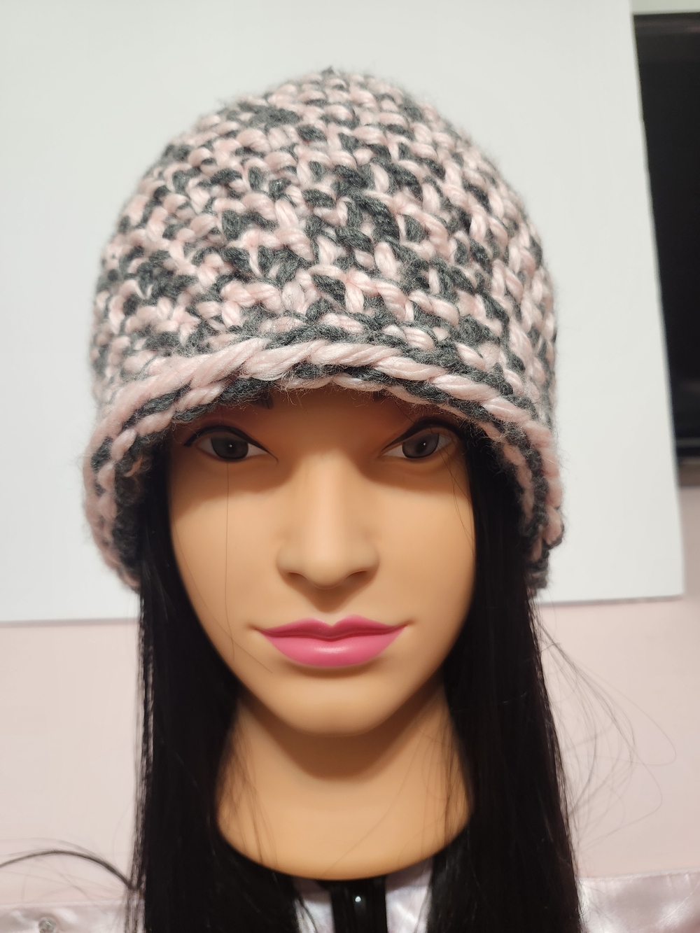 Hand Crafted Pink & Gray Chunky Knit Hat - Women's Beanie